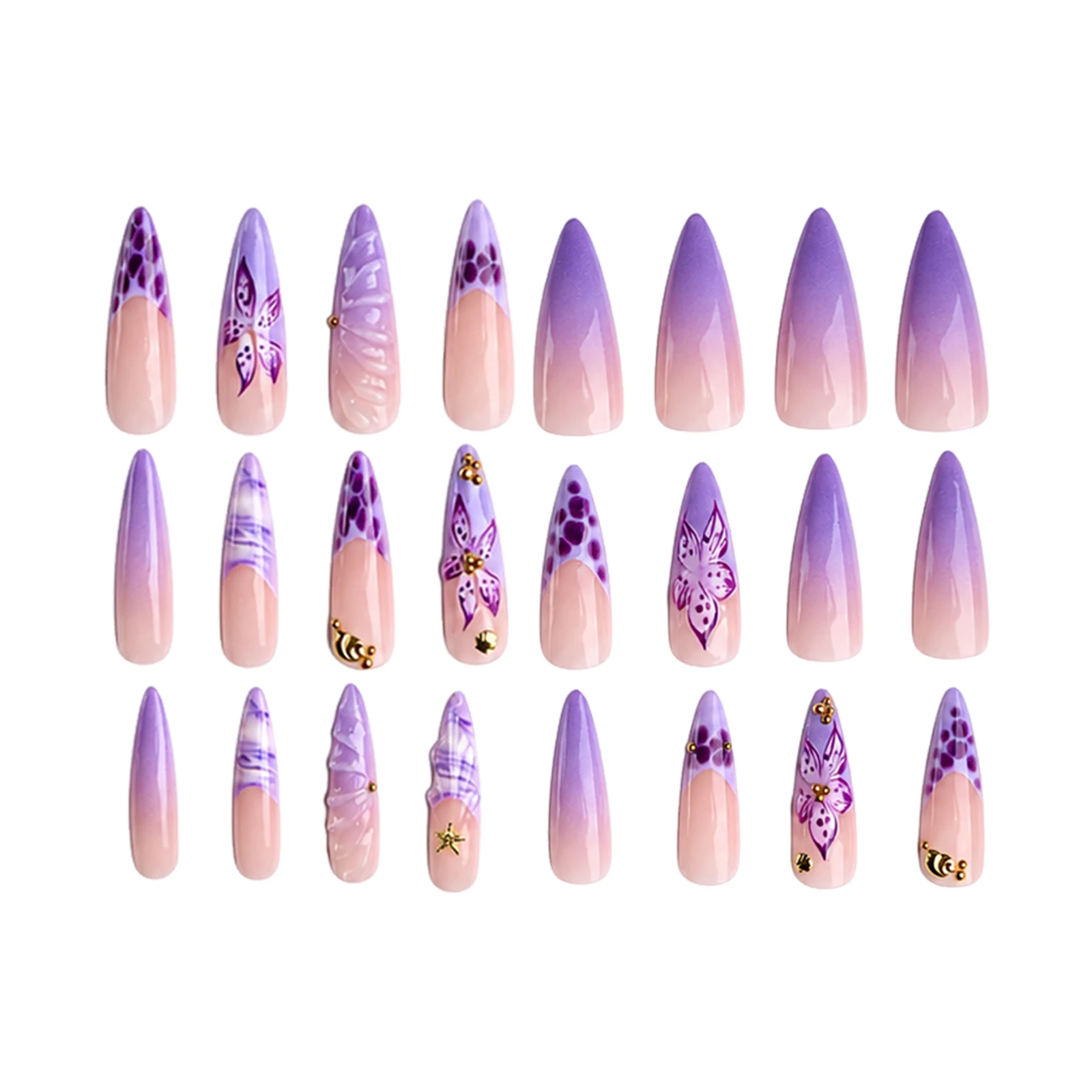 Lila Lange Stiletto Künstliche Nägel 24 Stück Französische Aufklebenägel mit Blumen/Sternen/Perlen-Dekor Sommer DIY Maniküre Acryl Falsche Nägel – Detail 2
