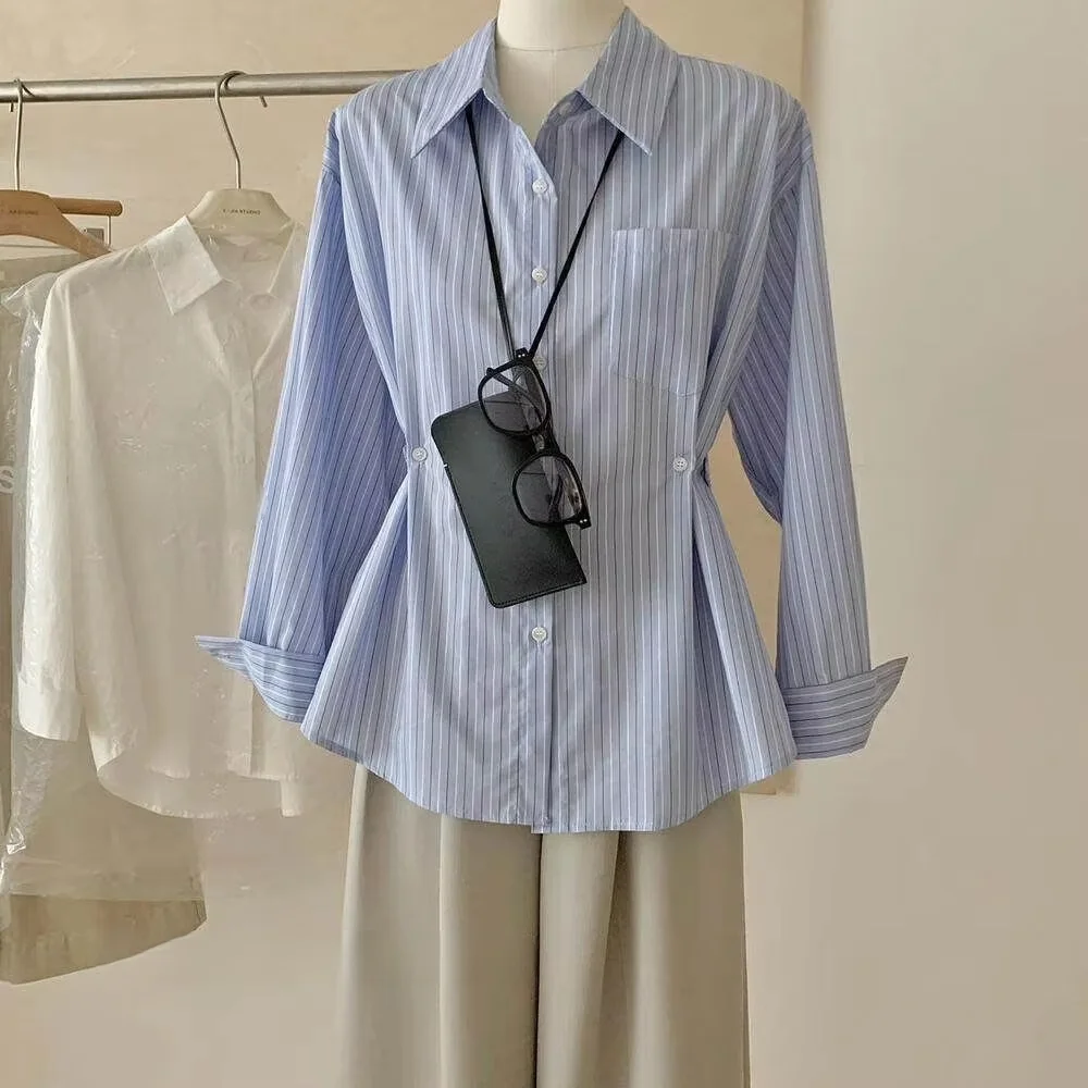 Blue Striped Shirt Niche Design 2026 Slim Fit Versatile New Style Waist Cinching Long Sleeved Temperament Top