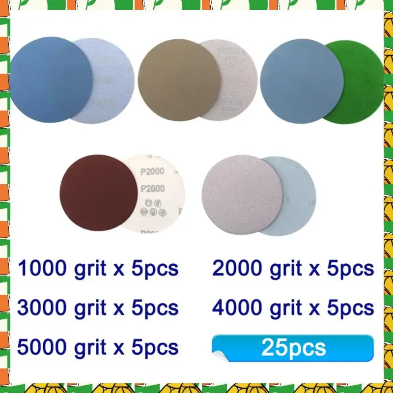 

Professional Tool 25Pcs Water Grinding Abrasive Paper 125Mm 5Inch Grit 1000 /2000 /3000 /4000/ 5000 Sandpaper Pad Hook Loop Sand