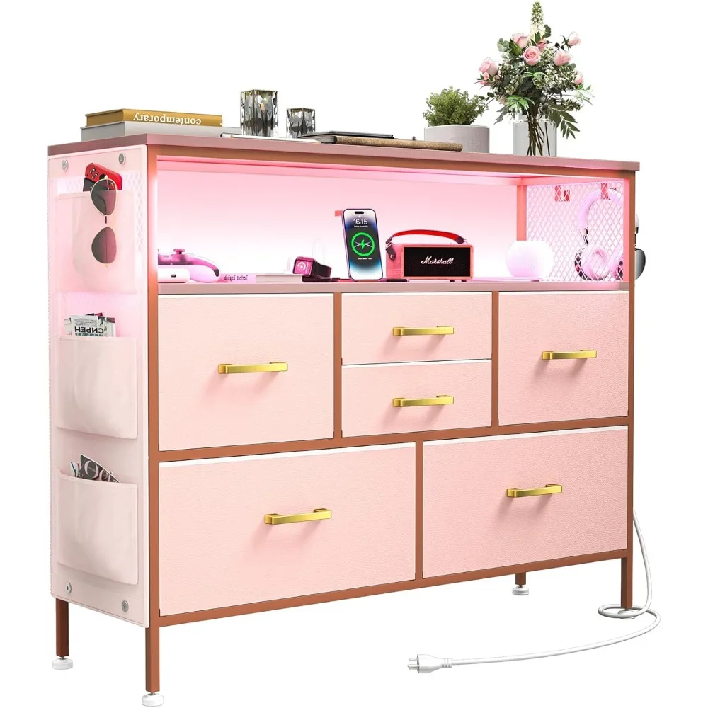 

Dresser for Bedroom TV Stand with Power Outlets and LED Light,6 Drawers Dresser with Side Pockets & Hooks, Wide Dresser