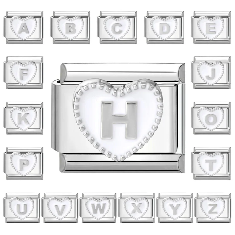 White Heart 26 English Letters Charm Links Fit 9mm Bracelet Stainless Steel Women Men Making DIY Jewelry Gifts Wholesale