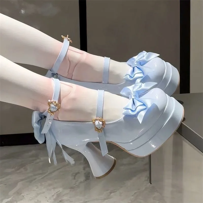 

Lolita Sweet Bow New Single Shoes Beautiful Girl Thick Bottom Waterproof Platform Glass High Heels Mary Jane Women's Shoes