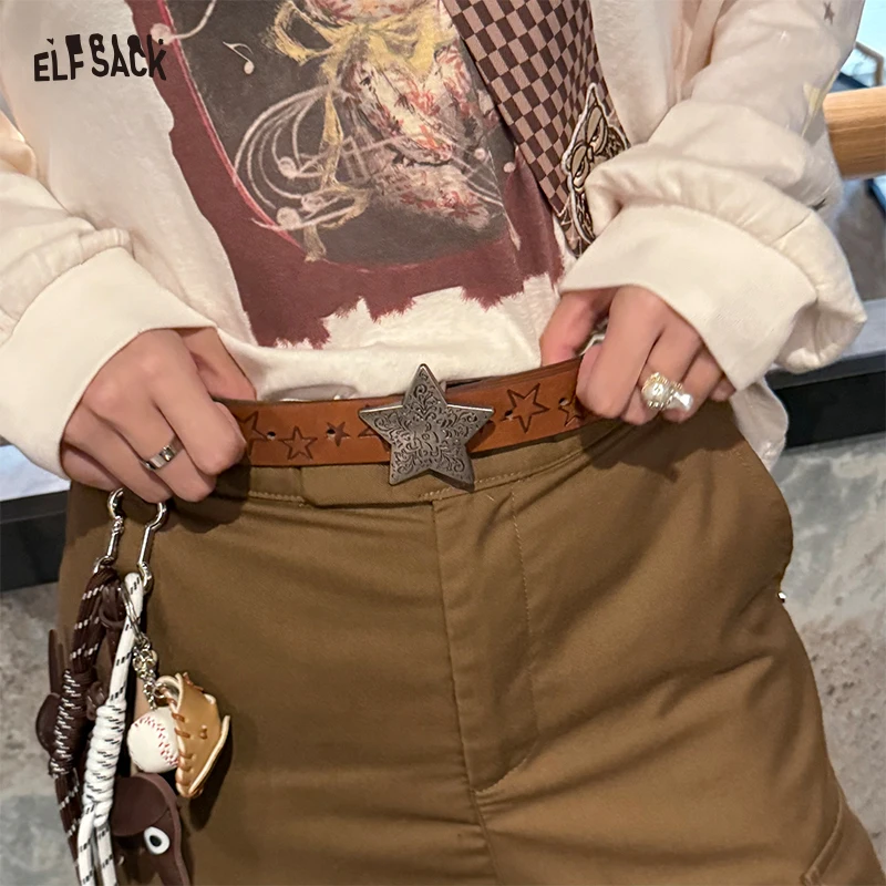 

ELFSACK 2025 Autumn New Arrival Bohemian Vintage Bronze Carved Buckle Leather Belt For Woman
