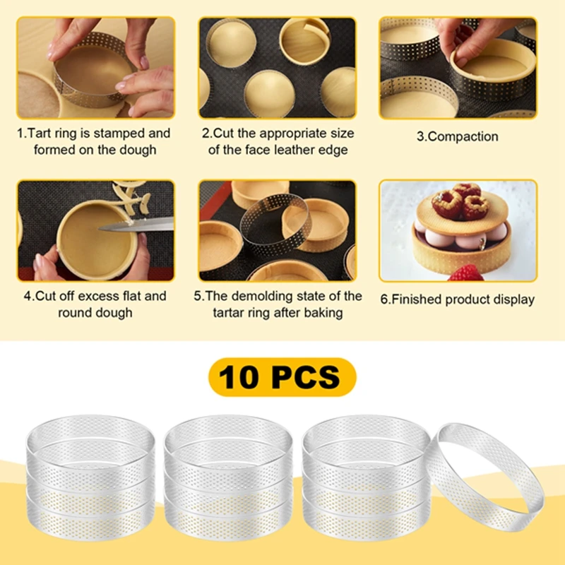 

Форма, 10 шт., круглые кольца для пирогов с отверстиями, нержавеющая сталь, фруктовый пирог, квитанция, форма для торта, мусса, кухонная форма для выпечки 10 см