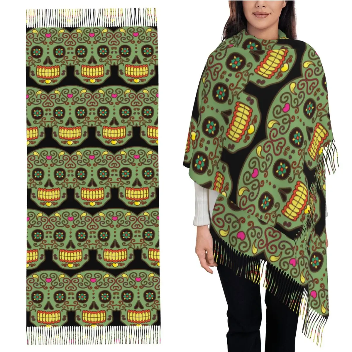 

Calaveras Sugar Skull Scarf Tassel Scarves for Women Soft Warm Shawls and Wraps Large Fall Winter Shawl Wrap