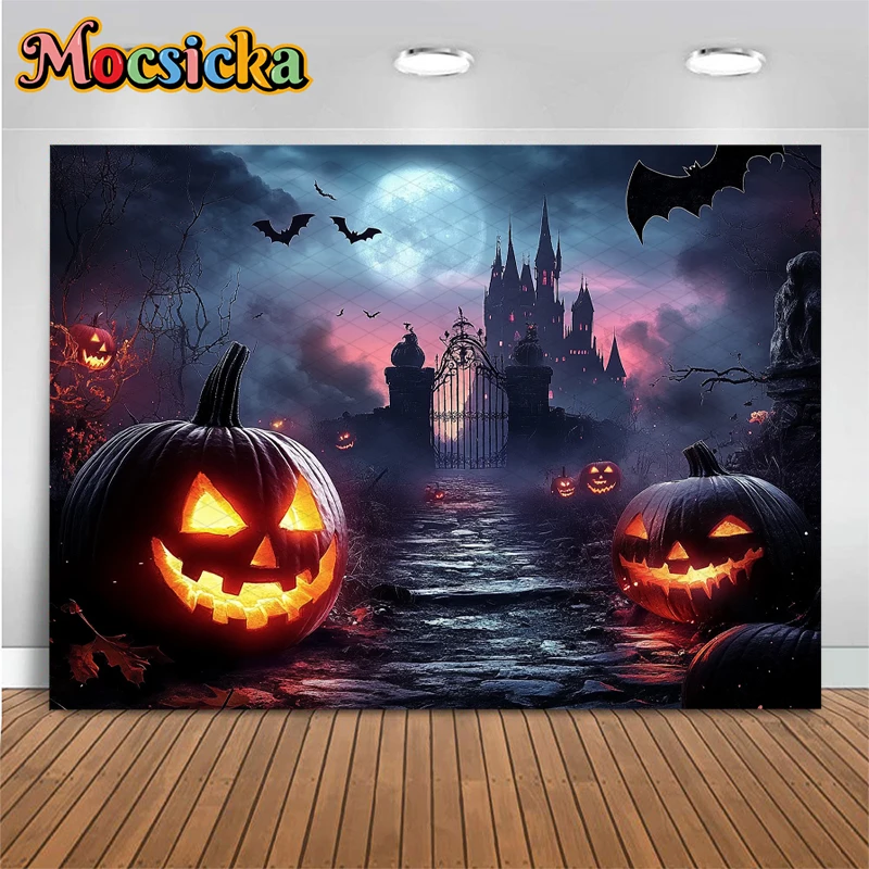 Tło fotograficzne Mocsicka Halloween, z motywem dyni Jack-O-Lantern, zamku, dyni, na imprezę, tło na noc strachu, księżyc, nietoperze, dekoracje, baner.