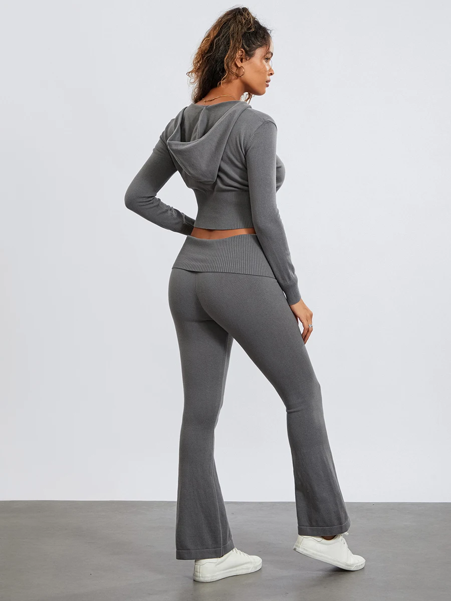 Women’s Two Piece Outfits Slim Set Long Sleeve Zip Up Cropped Hoodie and Bootcut Pants Set Solid Color Tracksuits y2k Loungewear