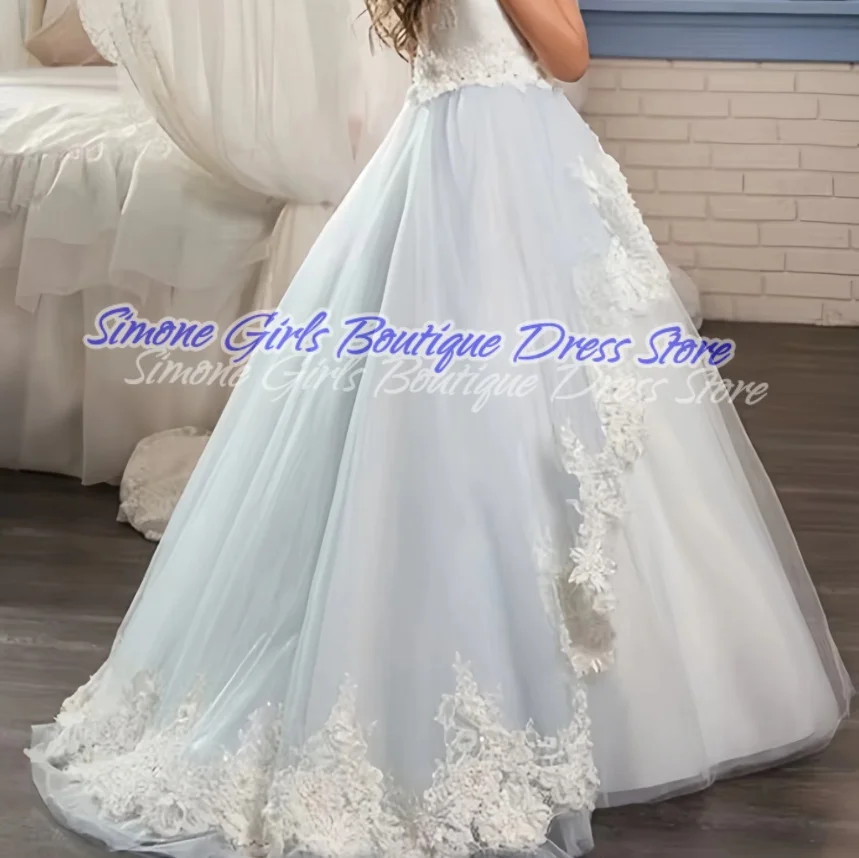 Flower Girl Dresses with Sleeveless Lace Appliques Tulle Gown For Girls Elegant First Holy Communion Party Dresses Wedding