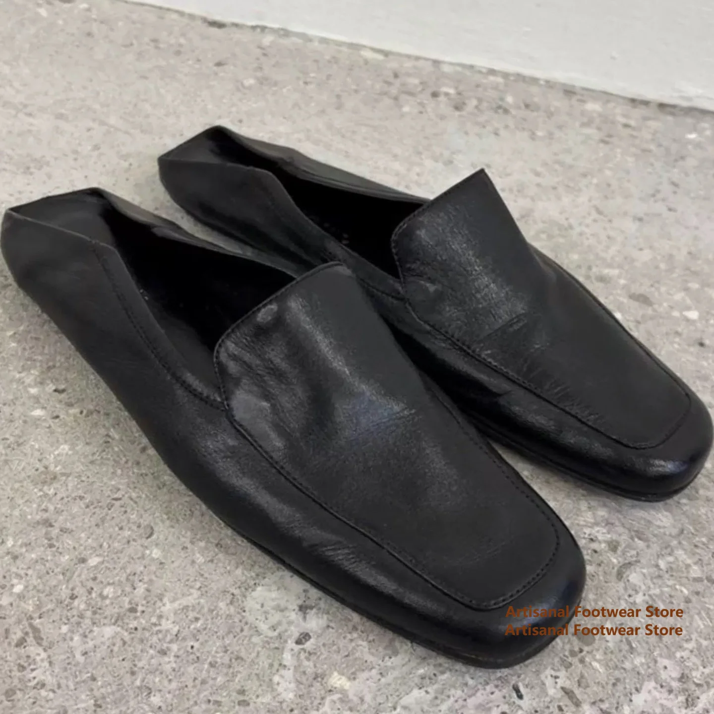 Black Soft Leather Square-Toe Backless Mule Loafers 2-Way Wear Foldable Back Men's Shoes Trendy Luxury Handmade Men's Shoes