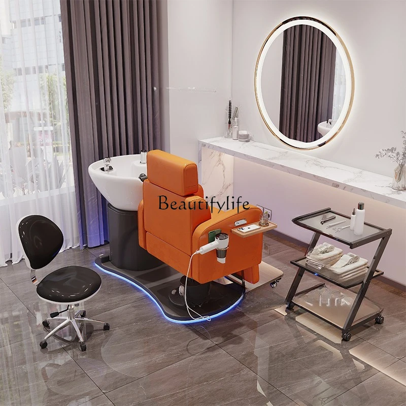 01-High-end barber shop electric shampoo bed semi-full lying shampoo and cutting integrated flush bed