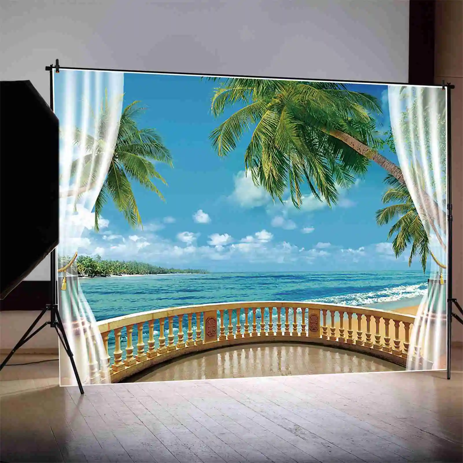 Moon.qg ฤดูร้อนสีฟ้าชายหาดพื้นหลังวันเกิดผู้ใหญ่ผู้หญิงต้นปาล์มใบฉากหลังริมทะเลงานปาร์ตี้ที่กำหนดเอง