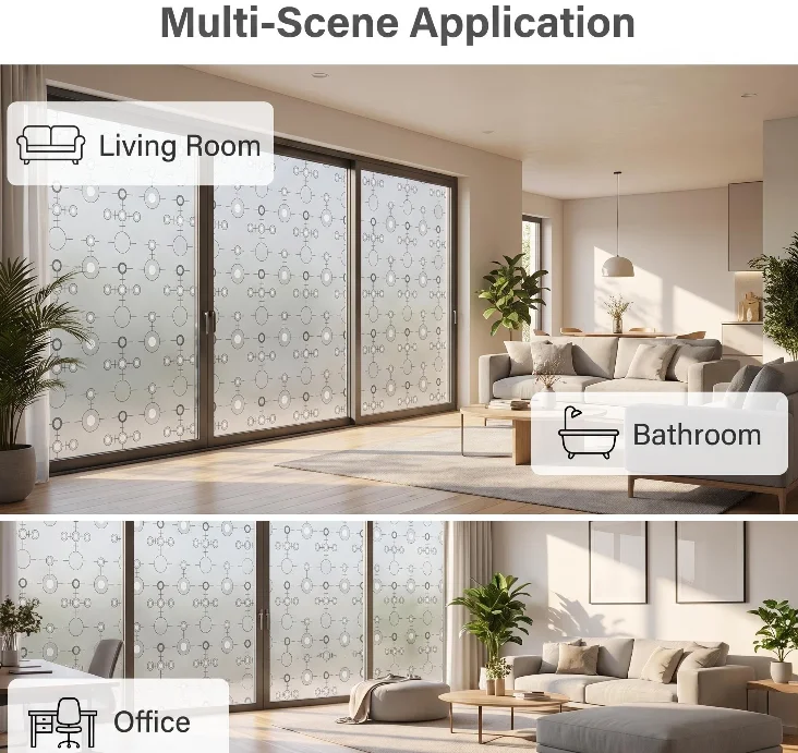 Modern Self-Adhesive Molecular Circle Frosted Window Film 95% Privacy Protection Waterproof Removable No Residue Geometric Glass