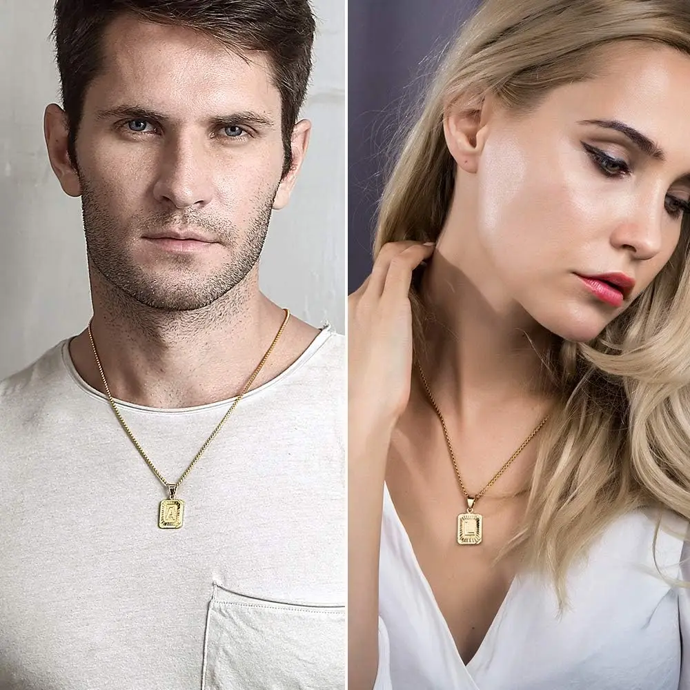 Collar con colgante de letra de A-Z inicial para hombre y mujer, cadena de caja de acero inoxidable chapada en oro amarillo con letra mayúscula de 22 pulgadas