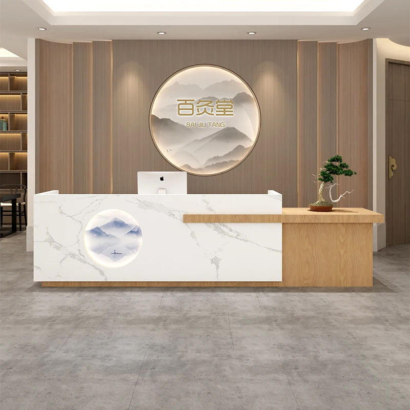 

Company front desk reception desk Chinese style checkout page bath beauty salon baking paint retro log color welcome desk bar