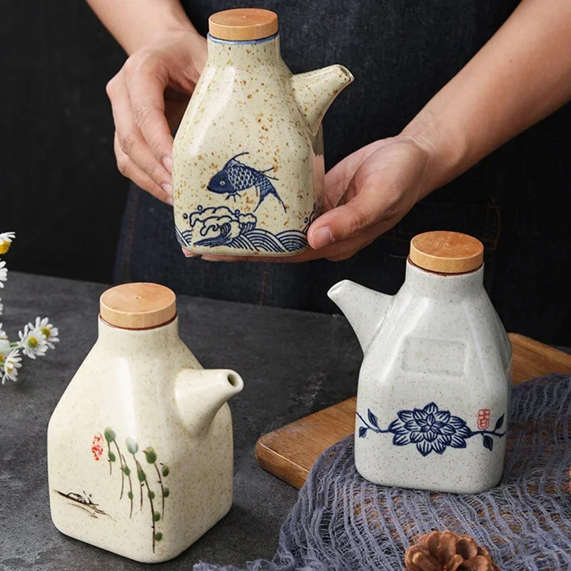 

Japanese Retro Ceramic Oil Pot Seasoning Bottle Kitchen Dipping Pot Soy Sauce Bottle Chili Vinegar Bottle Seasoning Jar