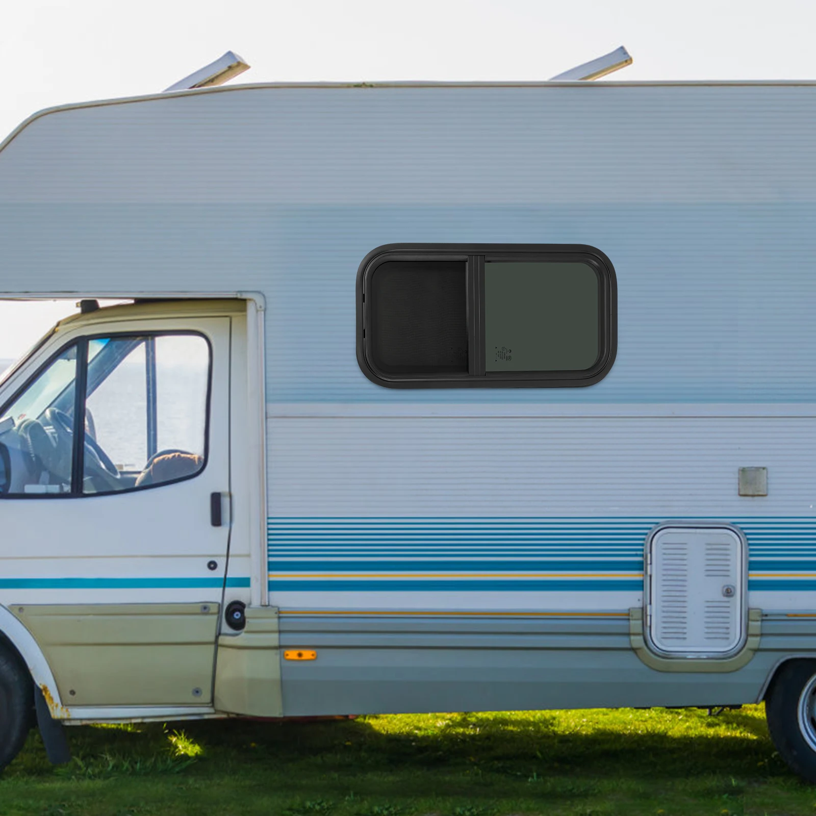 نافذة RV عمودية مقاس 12 × 24 بوصة مع شاشة حشرات وفتحة تصريف لتحسين الضوء الطبيعي والحماية من الطقس أثناء رحلات الطرق