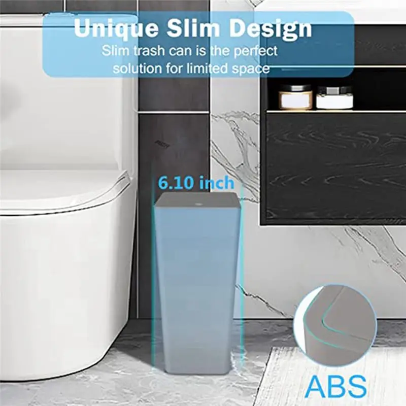

A25I Bathroom Trash Can with Type Lid, Small Slim Garbage Bin Wastebasket for Kitchen/Bedroom/Office, Grey 3PCS