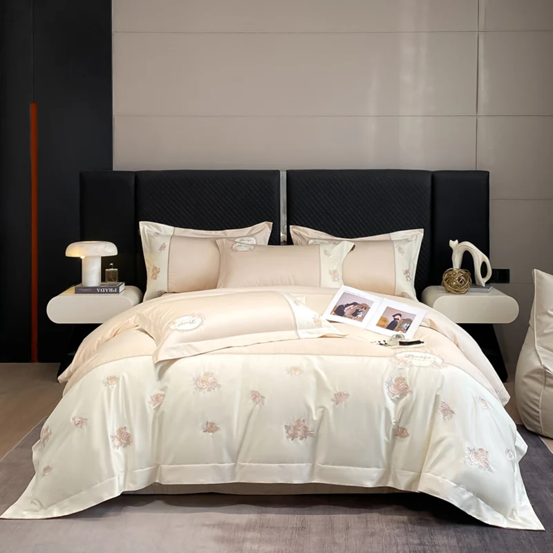 2025 New High - End Bed Linen Set, 100% Cotton, with Geometric - Pattern Embroidery, Queen Size