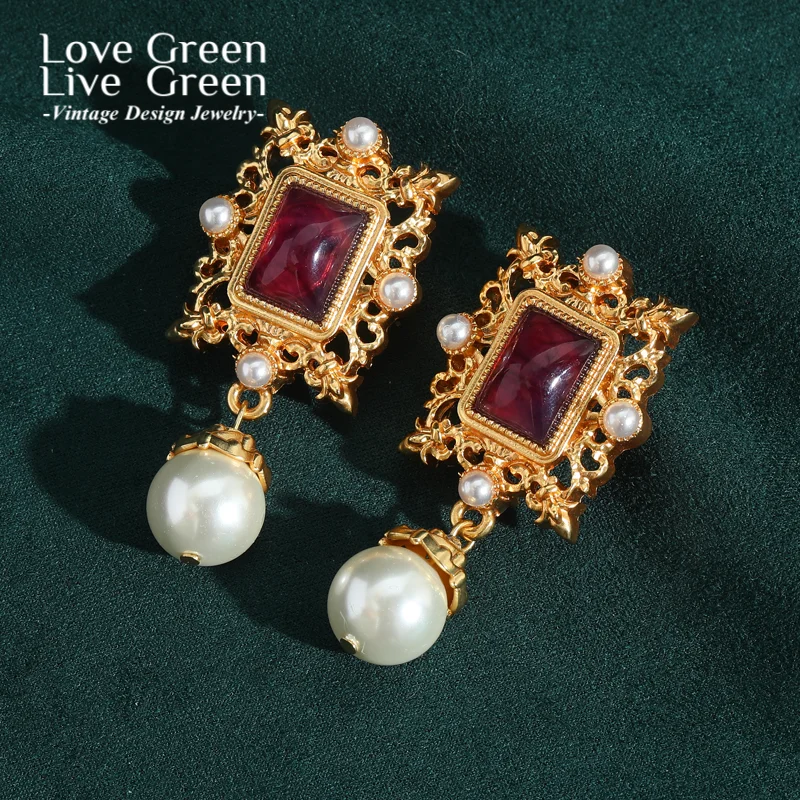

Vintage Square Red Glaze Pearl Drop Earring Luxury Jewelry Designer Wedding Bridal 2025 Dubai For Woman Palace Accessories New