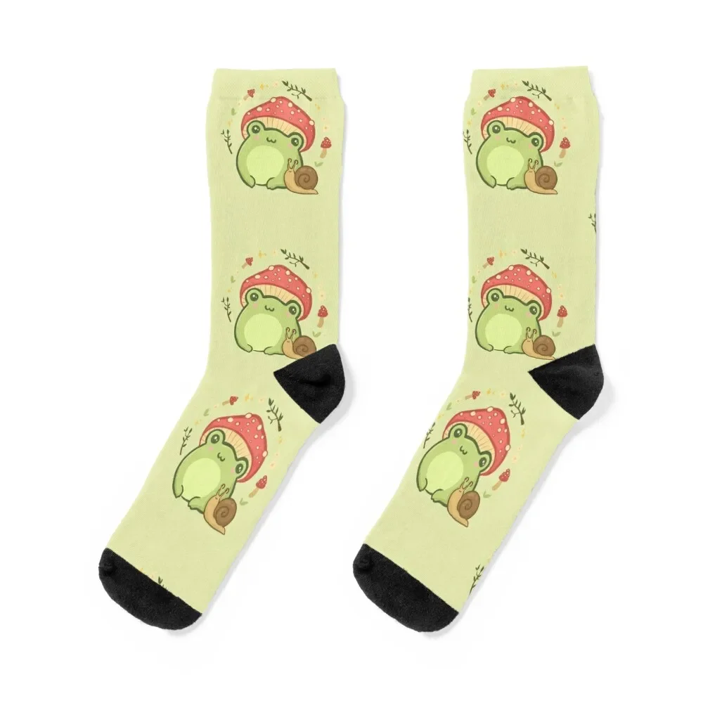 Cute Kawaii Frog with Toadstool Mushroom Hat and Snail: Cottagecore Aesthetic Love Socks New year's Woman Socks Men's