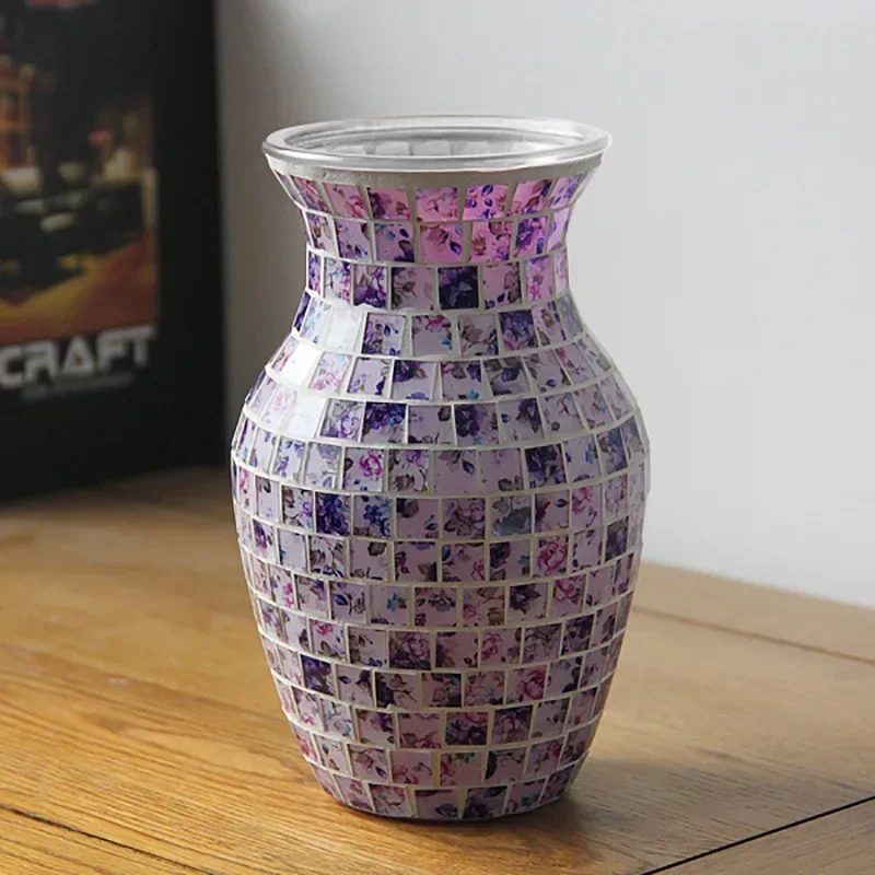 European Style Pastoral Mosaic Glass Vase, Pink and Purple, Fashion Home and Restaurant Decoration Furnishings