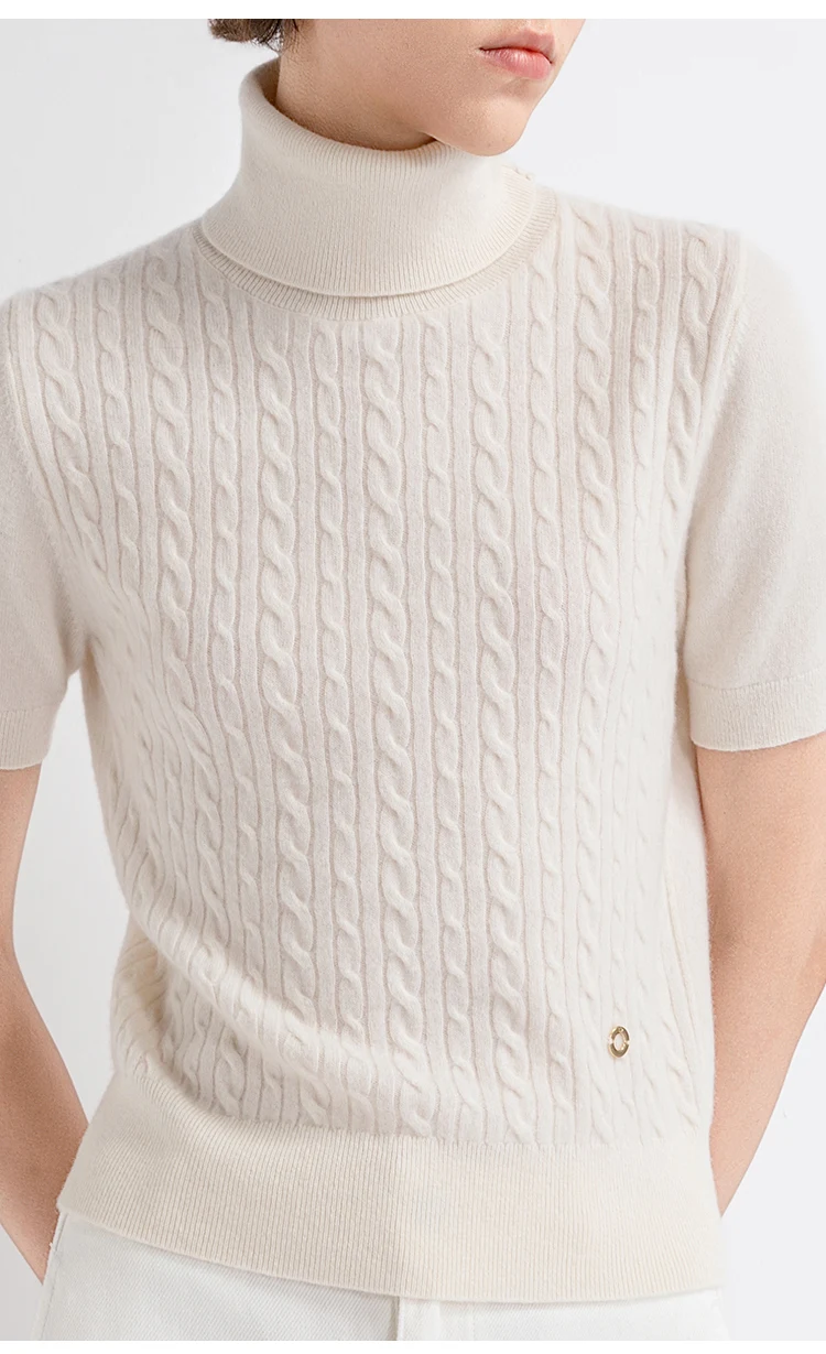 TH662122 Damen Rollkragenpullover mit Zopfmuster, Kurzarm, 100% Kaschmir, Gerippter Saum, Gemütlich, Lässig-Schick, Frühherbst – Detail 4