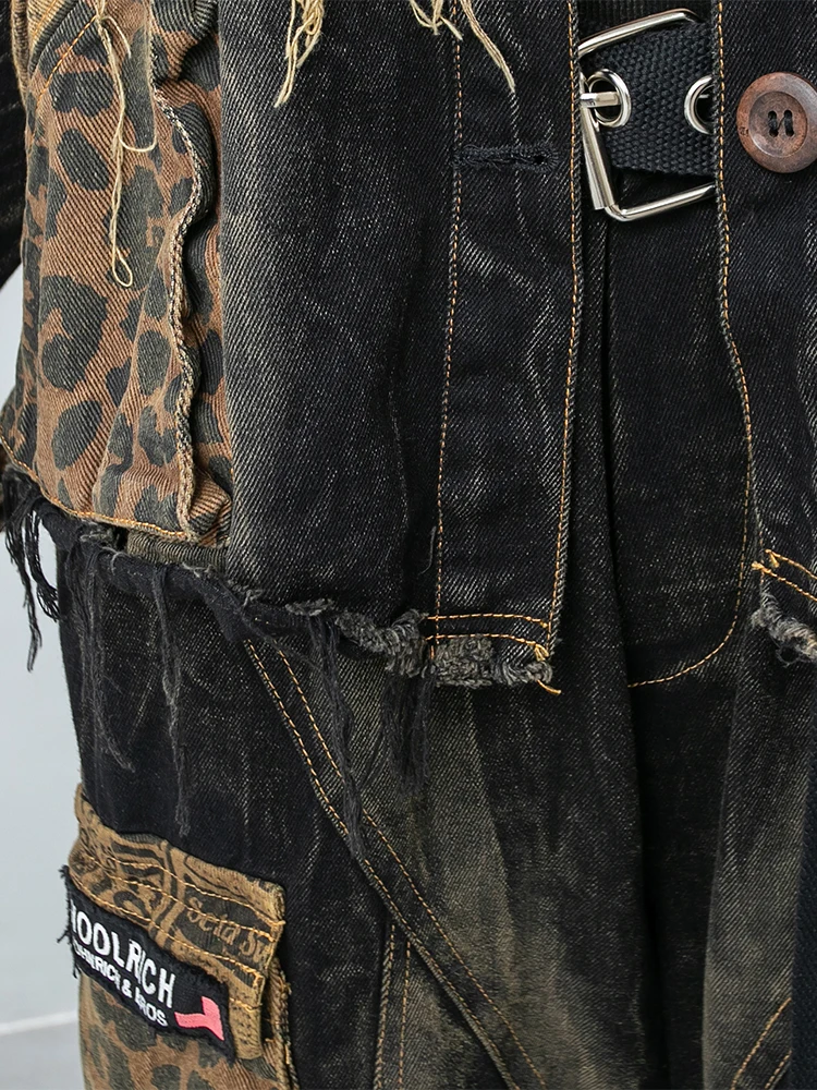 2023 spring autumn Personalized Worn out Denim Coat + Jeans Splice Diagonal Cut Splicing Leopard print Two piece sets