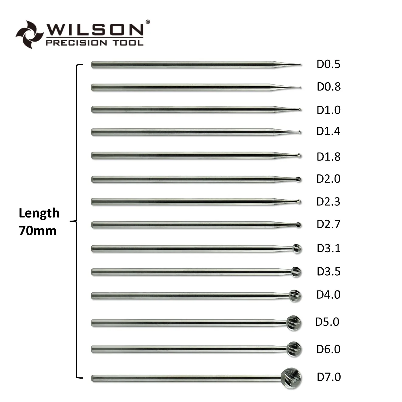 Overall Length 70mm Carbide Head D0.5-D7.0mm Cutting Burs with 2.35mm shank diameter