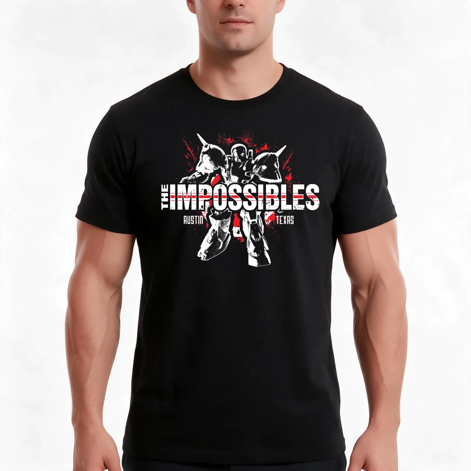 The Impossibles Logo w/ Robot - White and Red T-Shirt, Summer Casual Cotton Tee, Oversized Streetwear Tops, Unisex Men Women