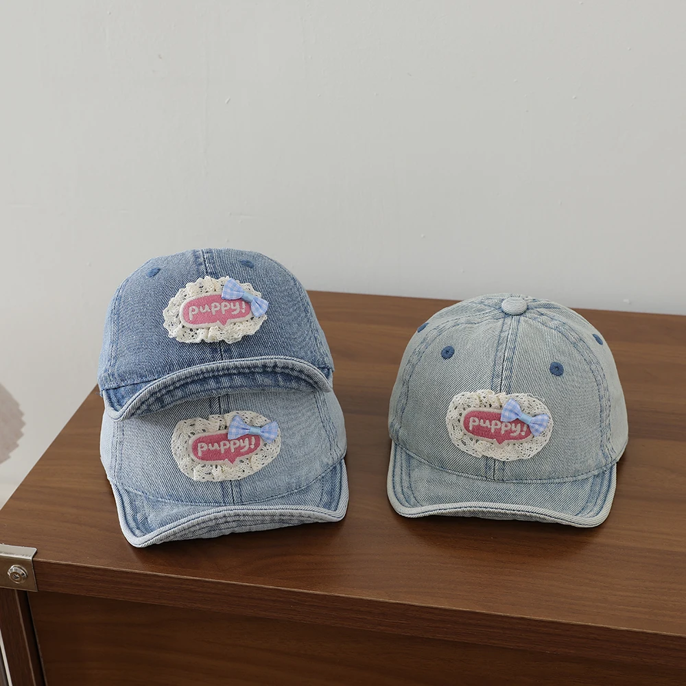 Sweet Style Patchwork Lettered Lace Edging Denim Kids Baseball Cap Washed and Antique Soft Brim Bowler Hat view 5