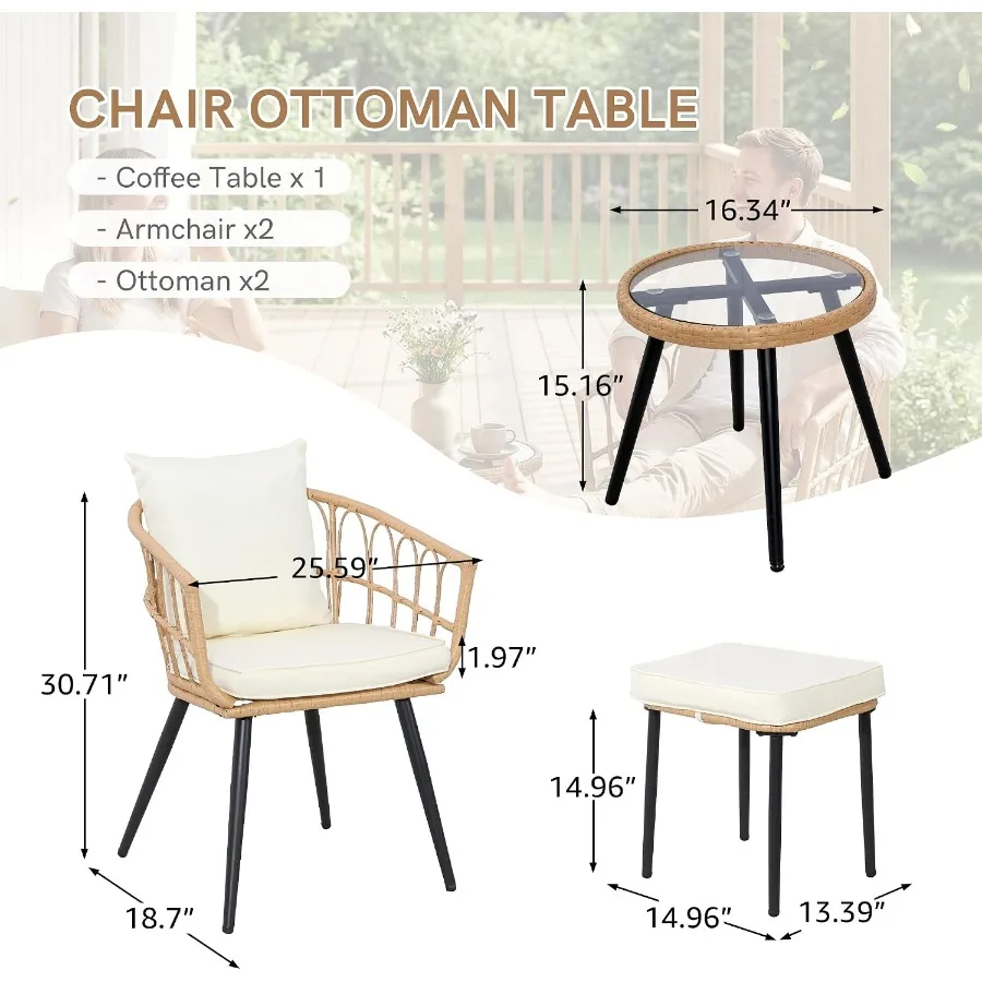 5-Piece Patio Bistro Set with Ottoman, All-Weather Rattan Outdoor Furniture Featuring Thick Cushions, Curved Armrests & Durable WPC Coffee Table