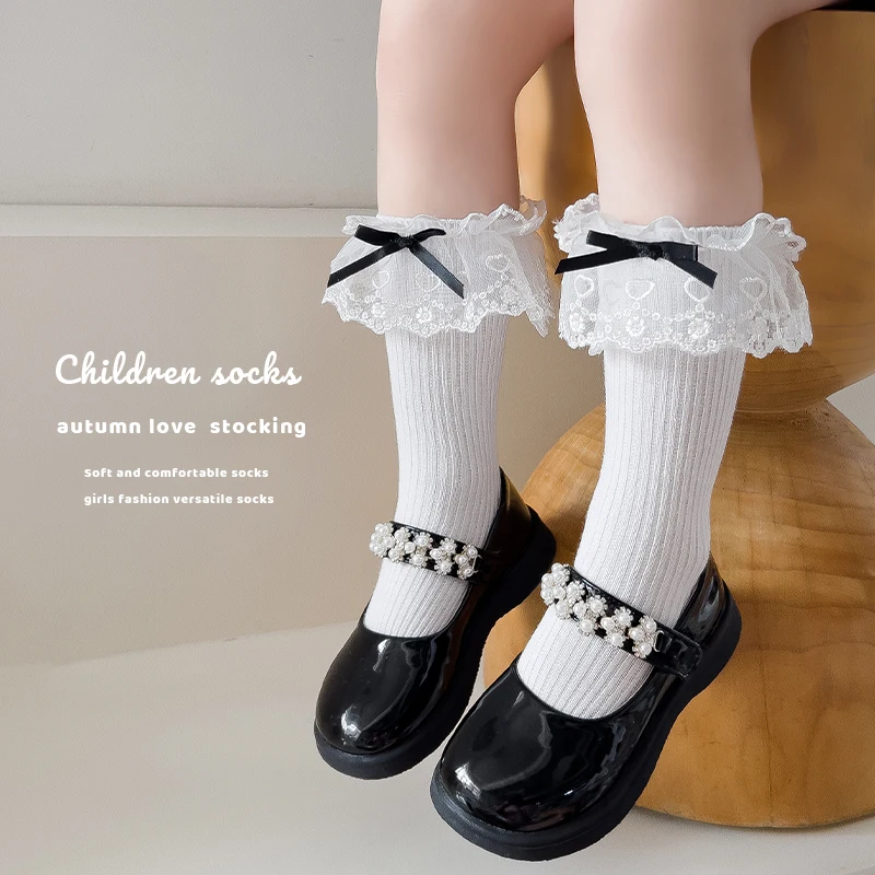 Lovely Girls Lolita Long Tube Socks Black Satin Ribbon Bow Embroidery Lace Ruffle Trim Soft Elastic Breathable Princess Hosiery