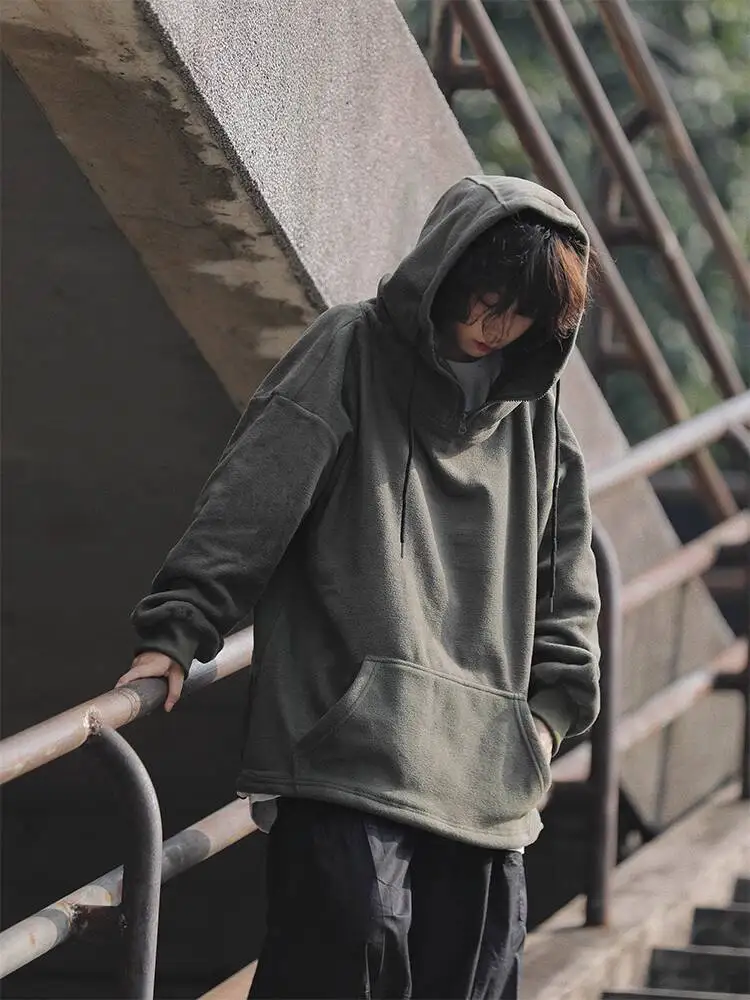 A Yu Dai Japanese Retro Fleece Lined Hoodie Women's & Men's Loose Fit Thickened Pullover Autumn Winter American Style