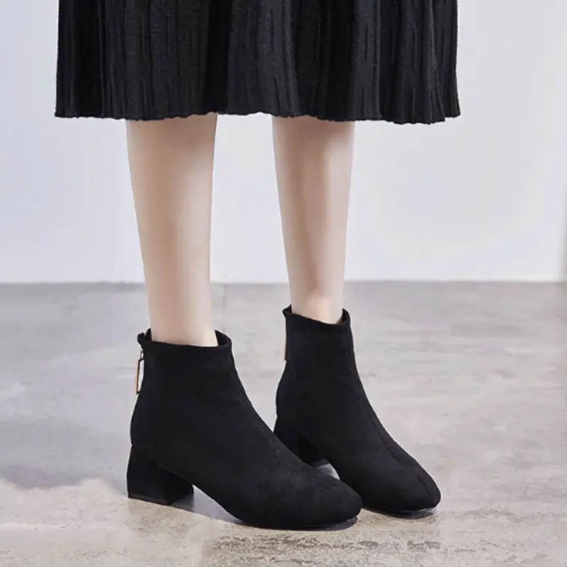 Elegant with Medium Heels Woman Short Shoes Square Toe Fleece-Lined Ankle Boots for Women Autumn Winter Booties Trend 2025 Boot