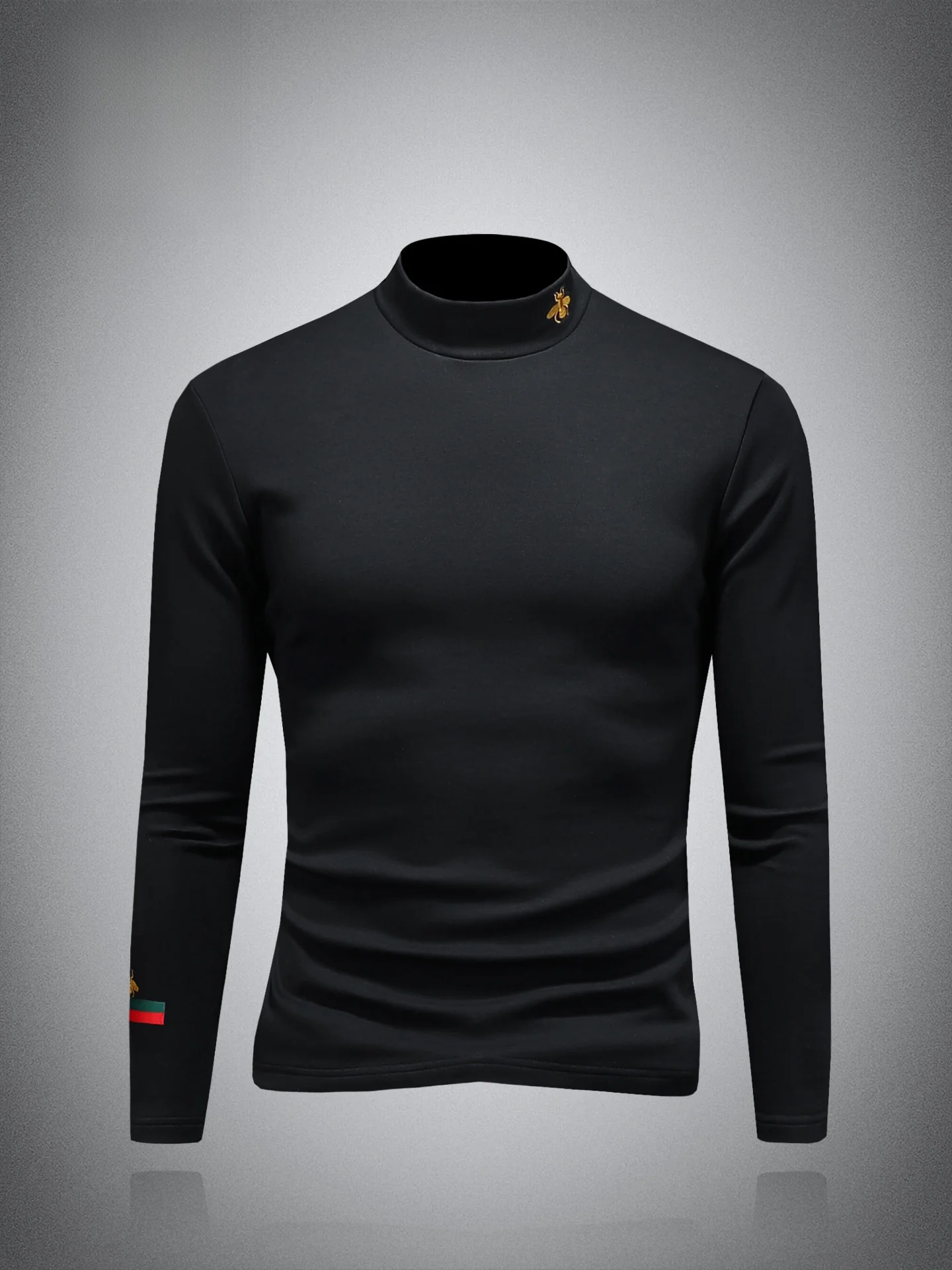 

Мужская футболка с высоким воротником и вышивкой в виде пчелы, приталенная, с длинным рукавом, осенне-зимняя, базовый слой