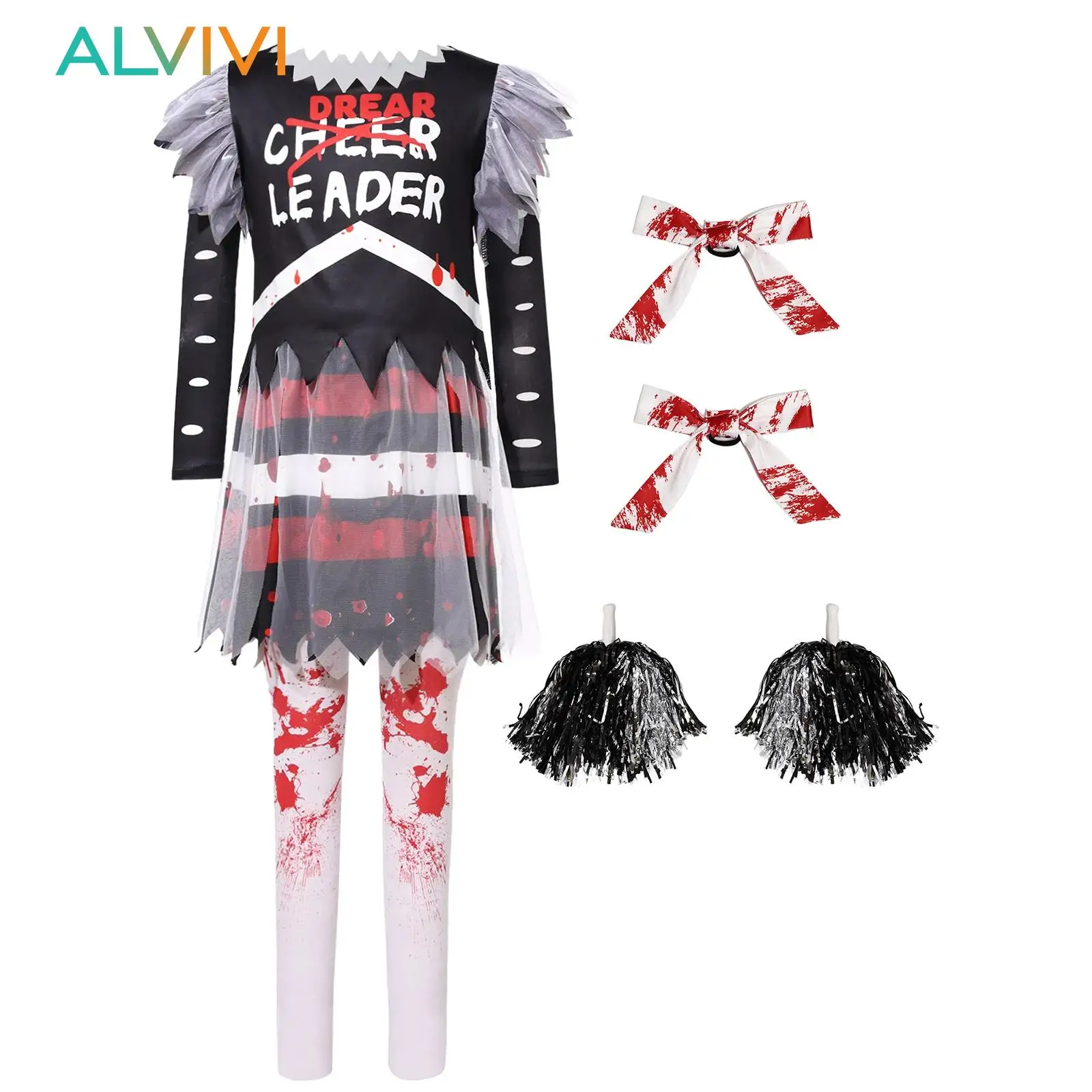 Kids Girls Halloween Scary Cheer Leader Costumes Cheerleader Cheer Dance Outfit Letter Print Short Sleeve Top And Pleated Skirts