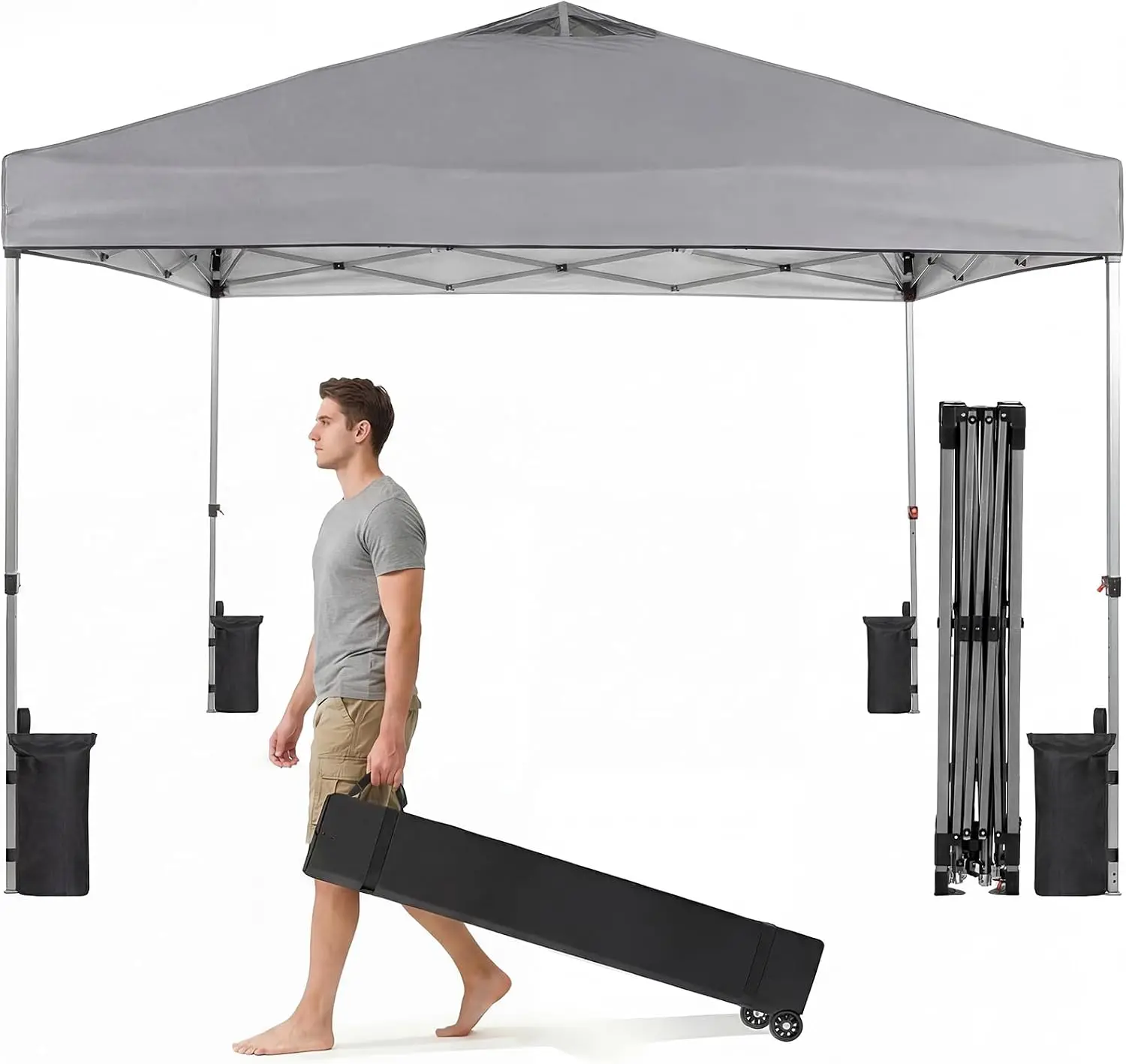 10x10ft Pop Up Canopy Tent, Beach Canopy, One Push Setup, Dark Grey | Portable Outdoor Instant Canopy Sun Shade Shelter with Sand Bags for Camping, Parties Events, Beach, Backyard
