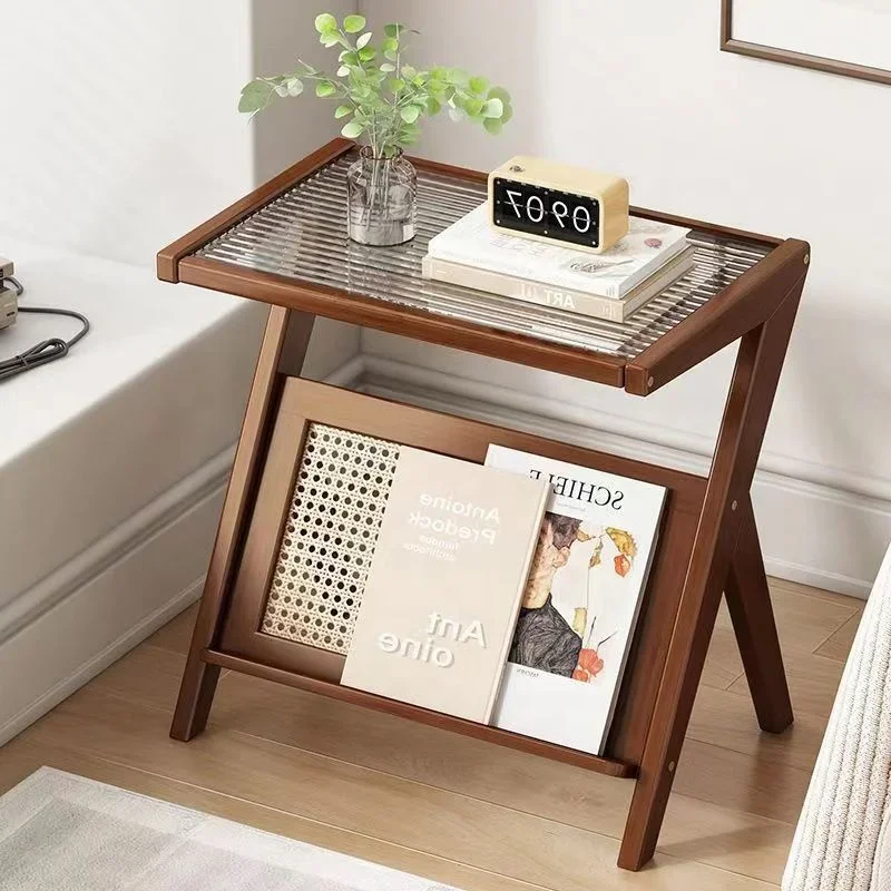 Modern Simple Glass Countertop Shelving Living Room Corner table  Wooden Sofa Side Table