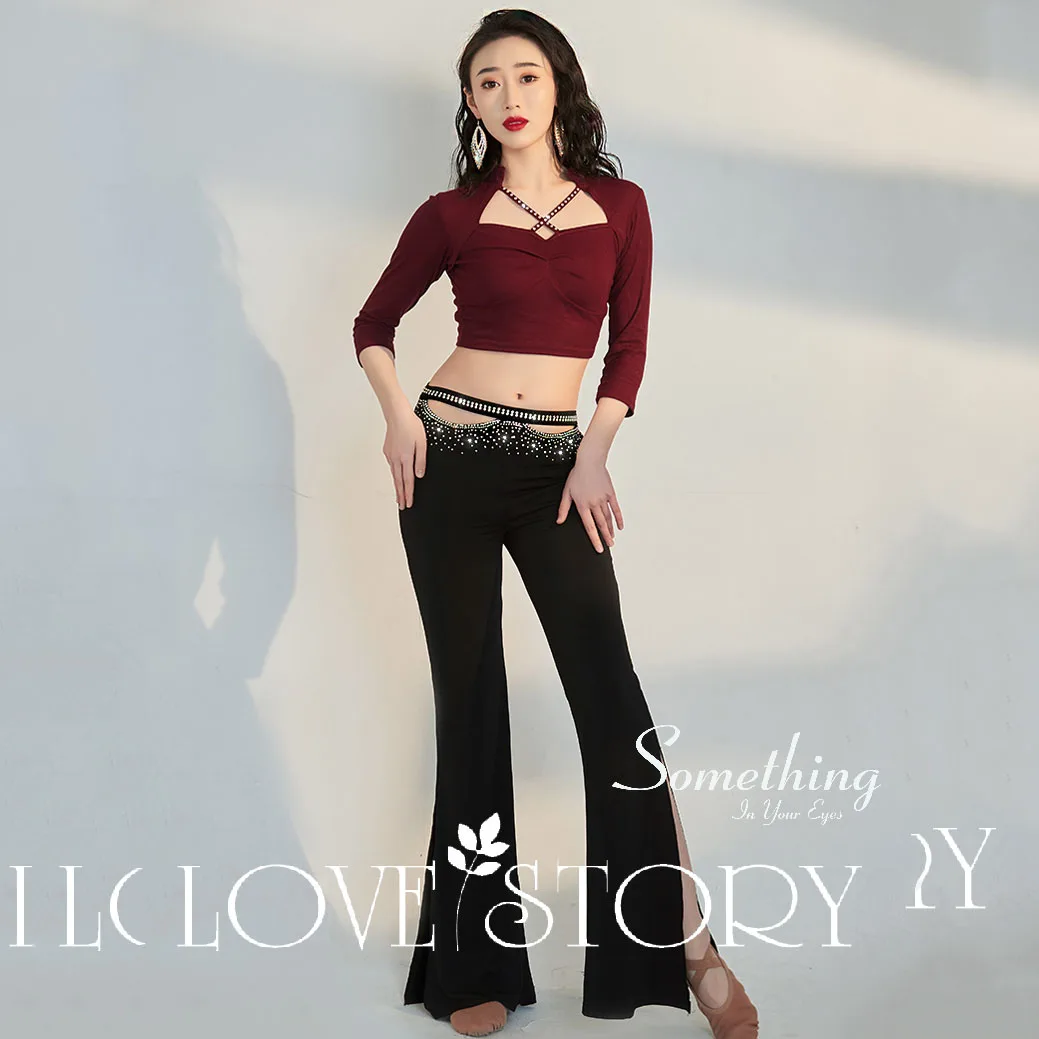 

Женский костюм для восточных танцев, красный, небесно-голубой костюм для представлений, пикантный топ с рукавом до локтя и длинные брюки с разрезом, танцевальный костюм для соревнований