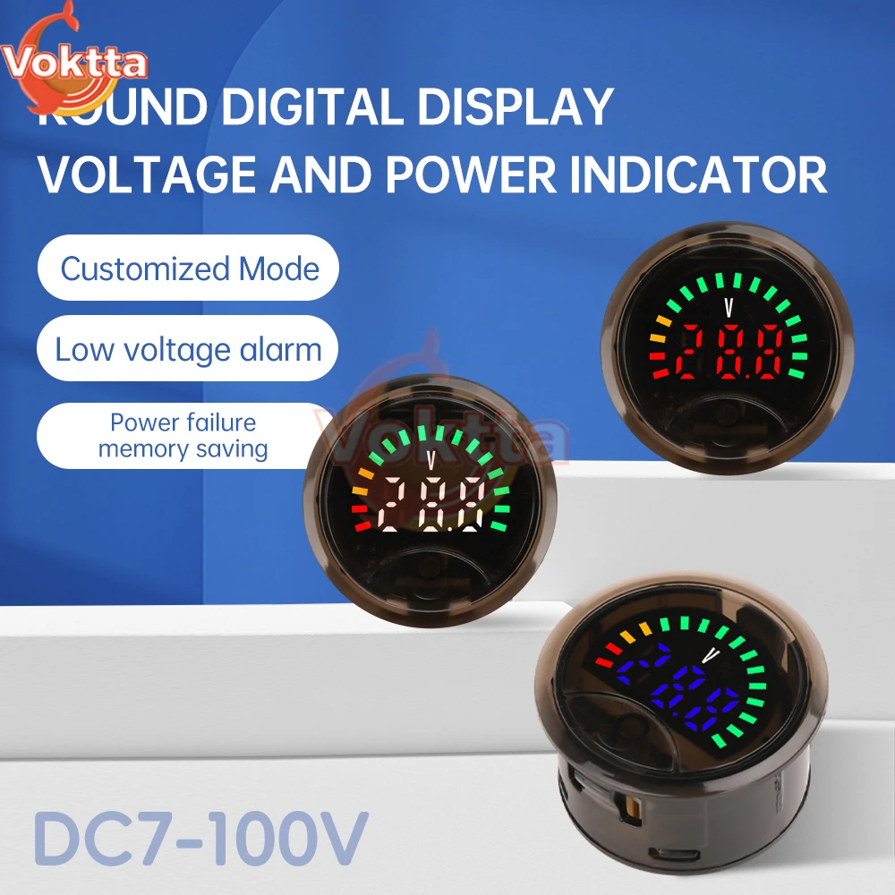 DC7-100V Mini Digital Voltmeter Battery Capacity Tester 2-Wire Circular Voltage Current Meter Volt Detector Test Power Indicator