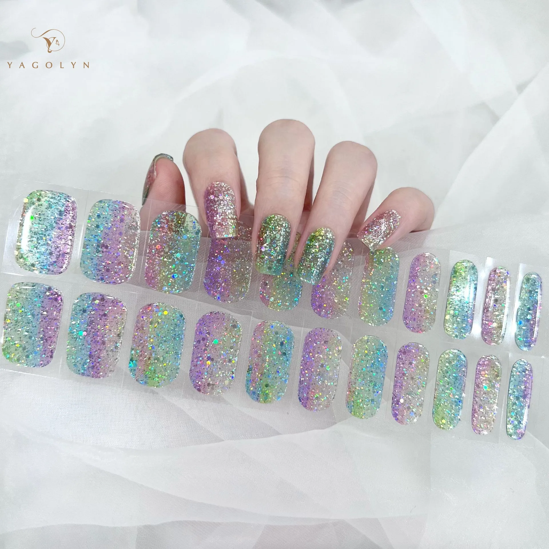 22Tips/Sheet Multicolor Decals Gel Nagelstickers Voor UV-Lamp Semi-Uitgeharde Gel Nagels Strips Hoge Kwaliteit Gebruik 100% Nagelgel Maniko