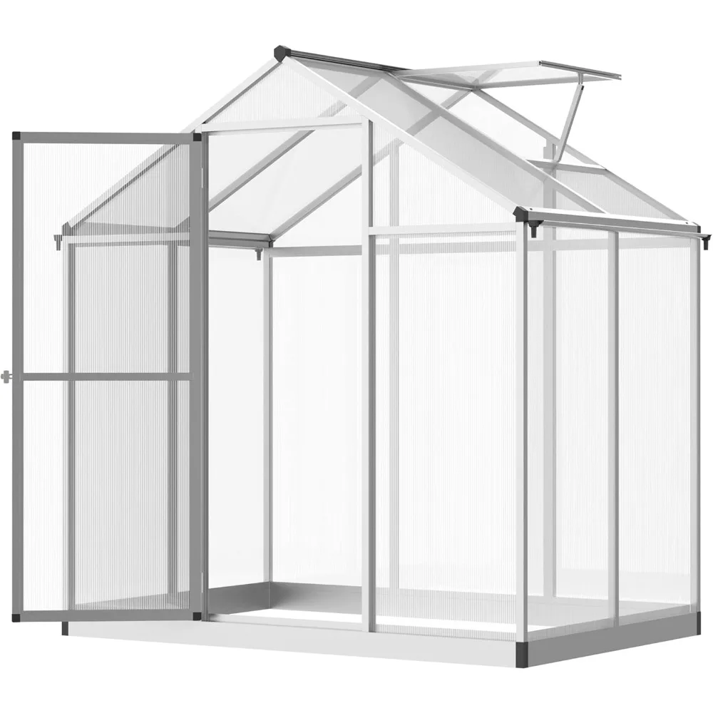 

4' x 6' Walk-in Polycarbonate Greenhouse with Roof Vent for Ventilation & Rain Gutter, Heavy Duty Aluminum Green House