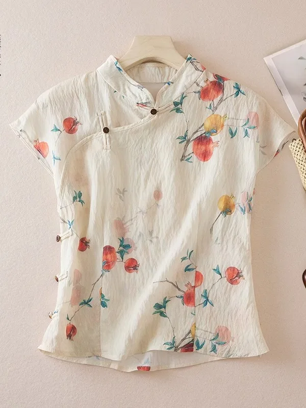 Retro Chinese Style Floral Cotton Linen Shirt Women Summer Side Buttoned Sleeveless Top Loose Fit Commute Style Printed Design