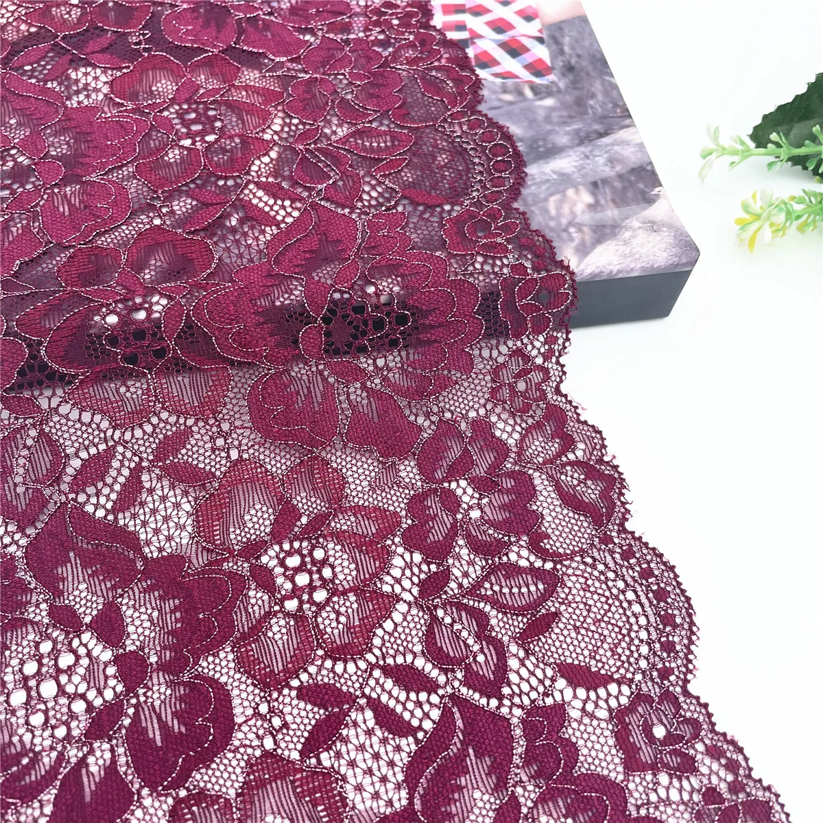 3y/lot Width 17.50cm Burgundy With Silver Elastic Stretch Lace For Skirt Hem Underwear Sewing Craft DIY Apparel Fabrics Material