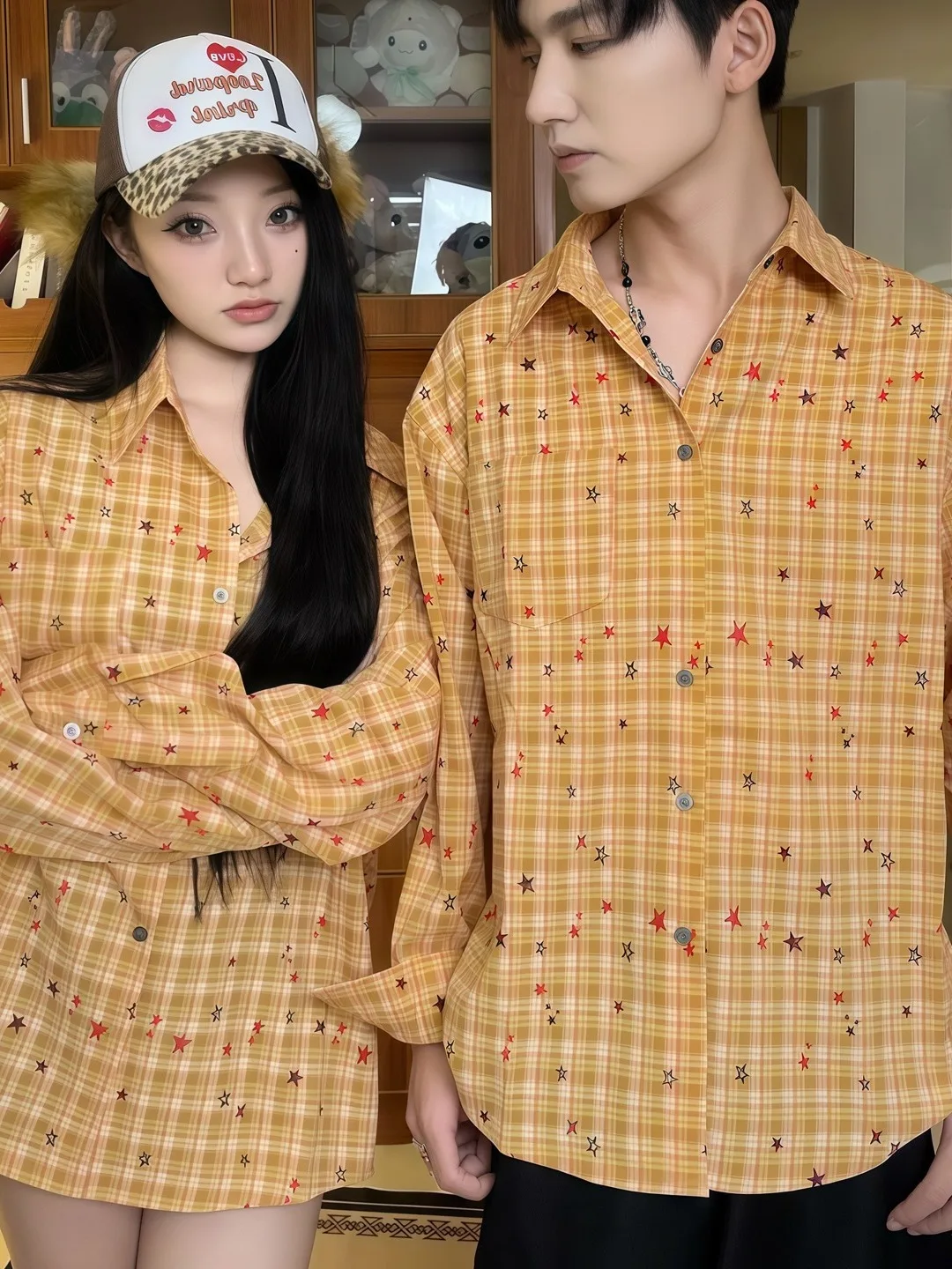 

Early Autumn 2025 Men's Plaid Long Sve Casual irt Star Print Loose Couple Clothes Breathable Non-Ironed Chinese Production