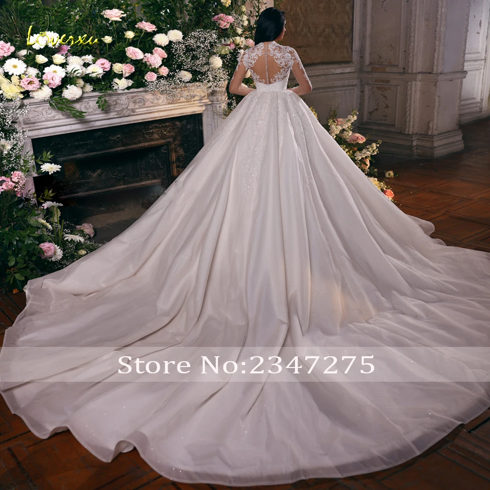 Loverxu Ball Gown Princess Wedding Dresses High Neck Long Sleeve Vestido De Novia Lace Beaded Appliques Custom Made Bridal Gown