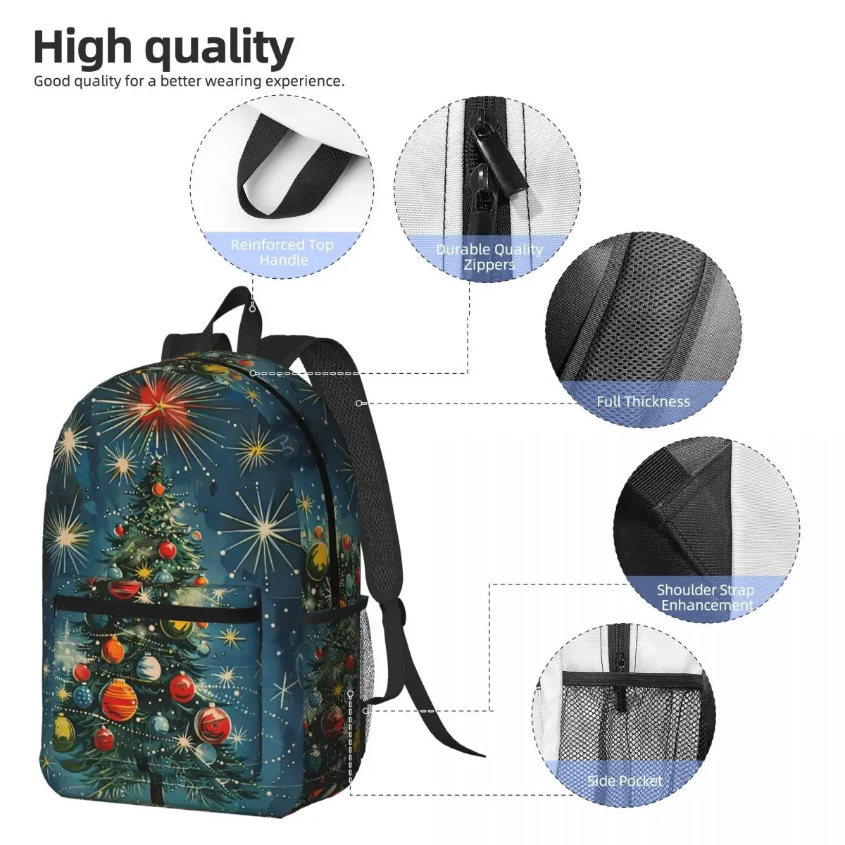 Exquisite Christmas Tree Print Backpack Student BookBag Children School Bag Computer Shoulder Bags for Men Women