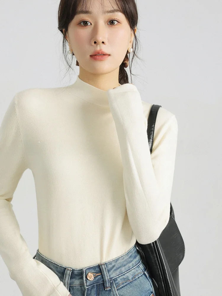 Sleepy Rabbit Women's Slim Fit Knitted Long Sleeve round Neck T-shirt Half High Collar Elastic Neck Top for Autumn Base Layer...