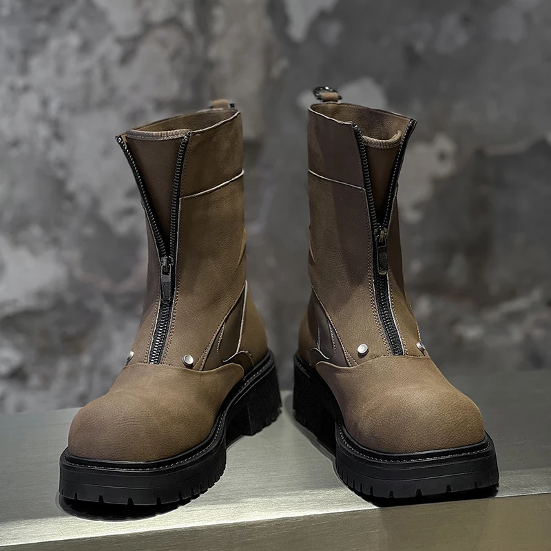 New Autumn Winter Men Color Blocked Thick Soled High Top Boots with Front Zipper Rivets Niche Personality Trendy Boots