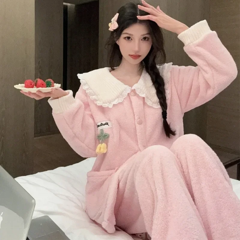 Pajama Sets Women Turn-down Collar Coral Fleece Sweet Lovely Students Chic Thicken Korean Fashion Harajuku Winter Homewear Ins